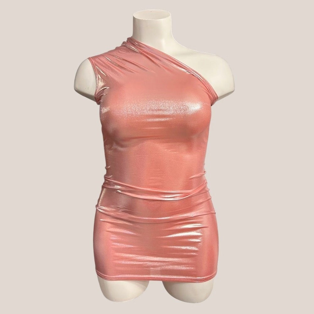 Metallic Pink One Shoulder Mini Dress Bodycon Shimmer Party Dress Large